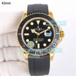 Clean Factory Rolex Yacht-master 2836 Replica Watch Yellow Gold Black Rubber Band 42mm